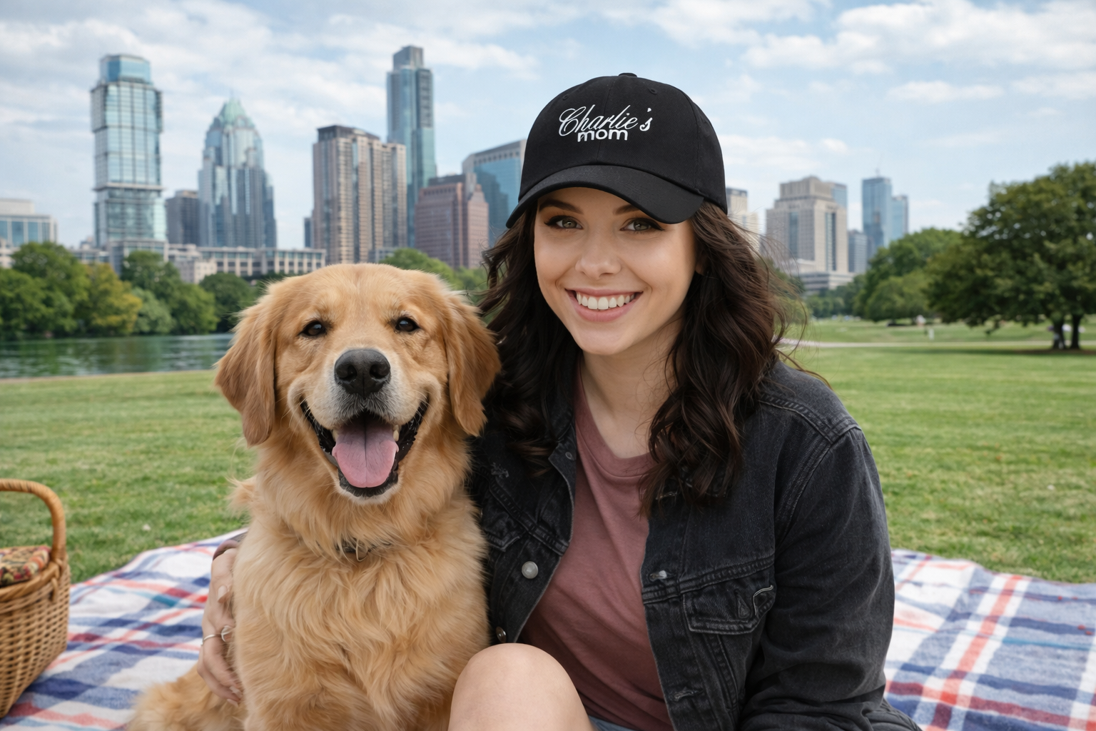 Woman with a dog in a park with city skyline in the background