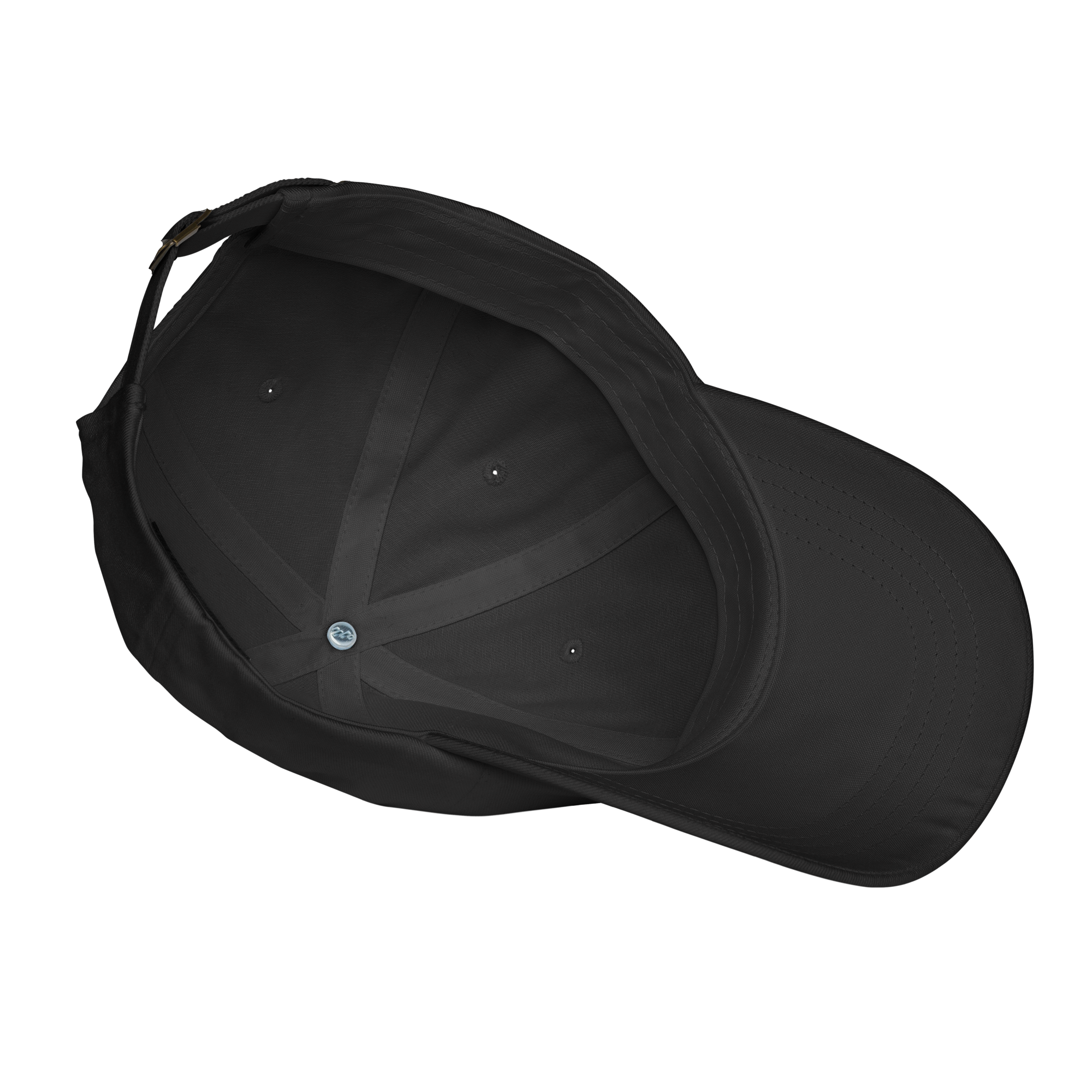 Black baseball cap viewed from underneath showing the inner stitching, silver crown button, and an adjustable bronze buckle strap